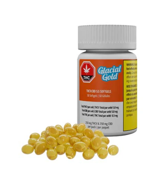 Thcv:cbd 5:5 Softgels 50-pack 50 X 5mg:5mg THCV/CBD Blend Capsules & Softgels | Glacial Gold
