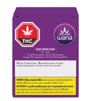 Sour Grape Rush Chews THC:CBG - 10 X 10:25mg Sativa Gummies | Wana